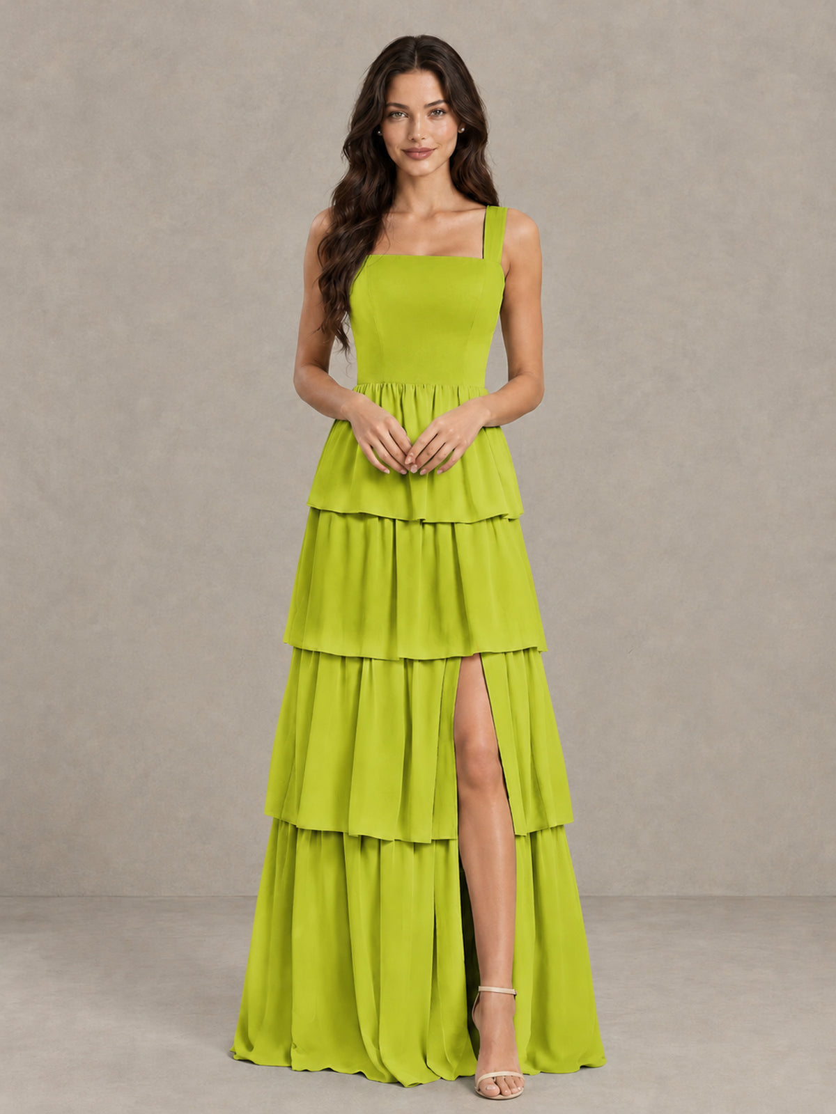 BOLODOO Chartreuse Square Neck Tiered Bridesmaid Dress with Slit - Chartreuse - Chartreuse (4)
