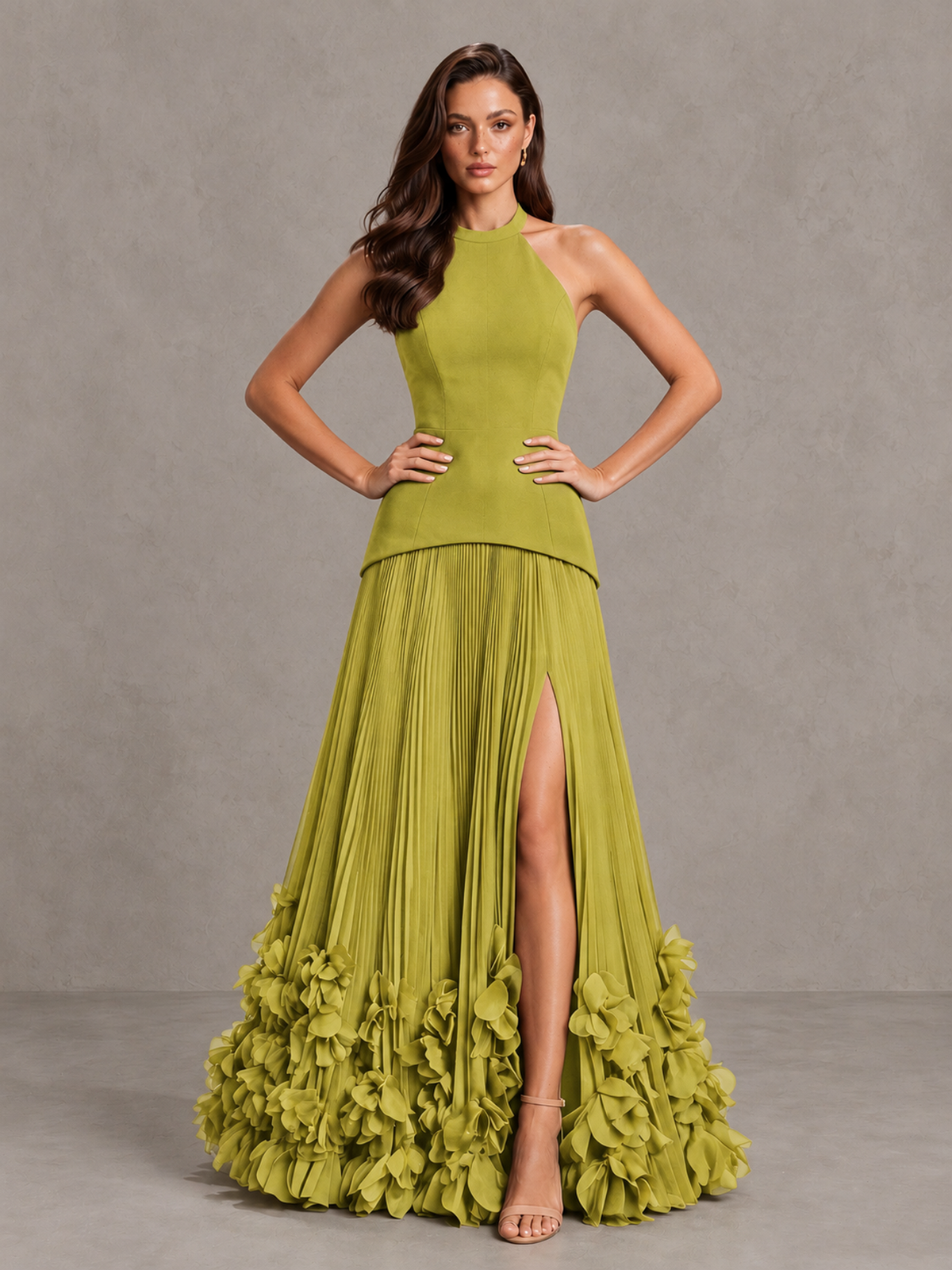 BOLODOO Chartreuse Halter Neck Floor-Length Evening Gown with High Slit & 3D Floral Hem - Chartreuse - Chartreuse (4)