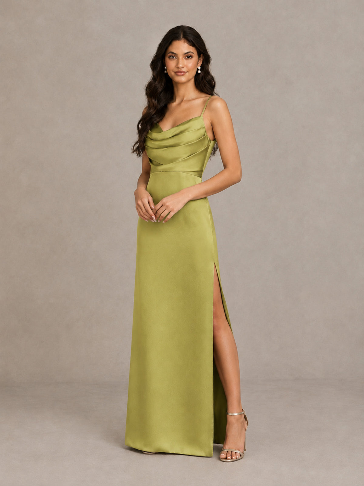BOLODOO Chartreuse Cowl Neck Satin Bridesmaid Dress with Slit - Chartreuse - Chartreuse (4)