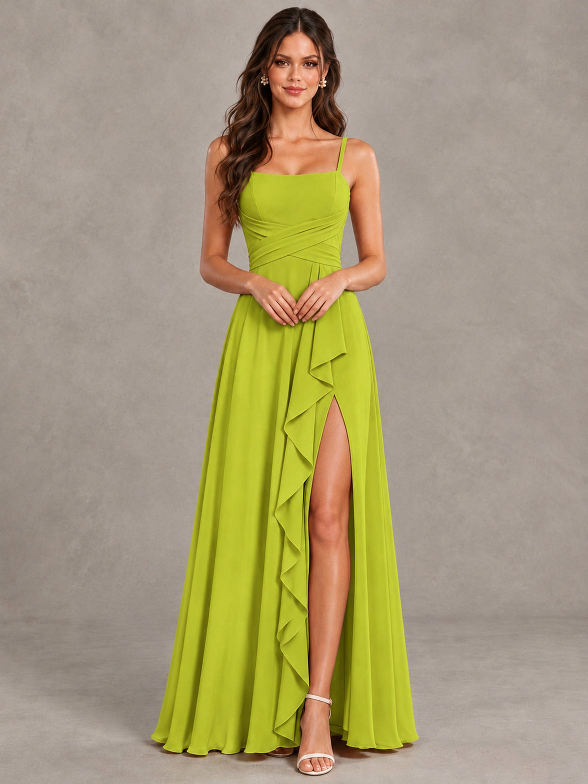 BOLODOO Chartreuse Spaghetti Strap Ruffle Bridesmaid Dress with Slit - Chartreuse - Chartreuse (4)