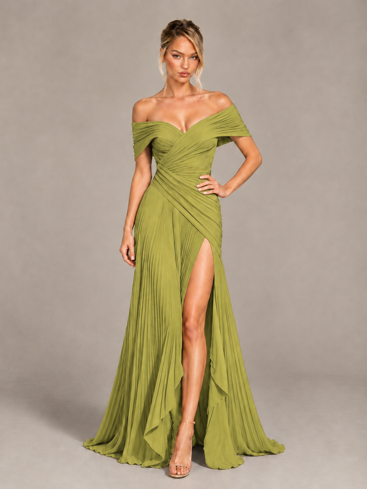 BOLODOO Chartreuse Off-Shoulder Ruched Pleated Maxi Dress with High Slit - Chartreuse - Chartreuse (4)