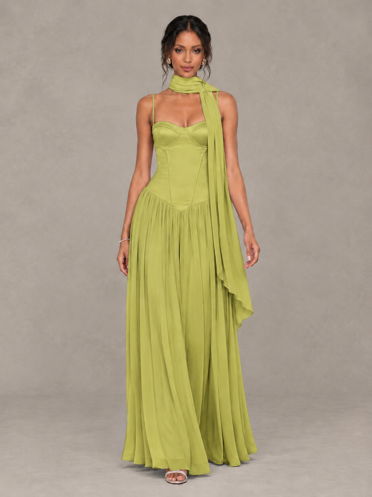 BOLODOO Chartreuse Corset Bridesmaid Dress with Scarf - Chartreuse - Chartreuse (4)