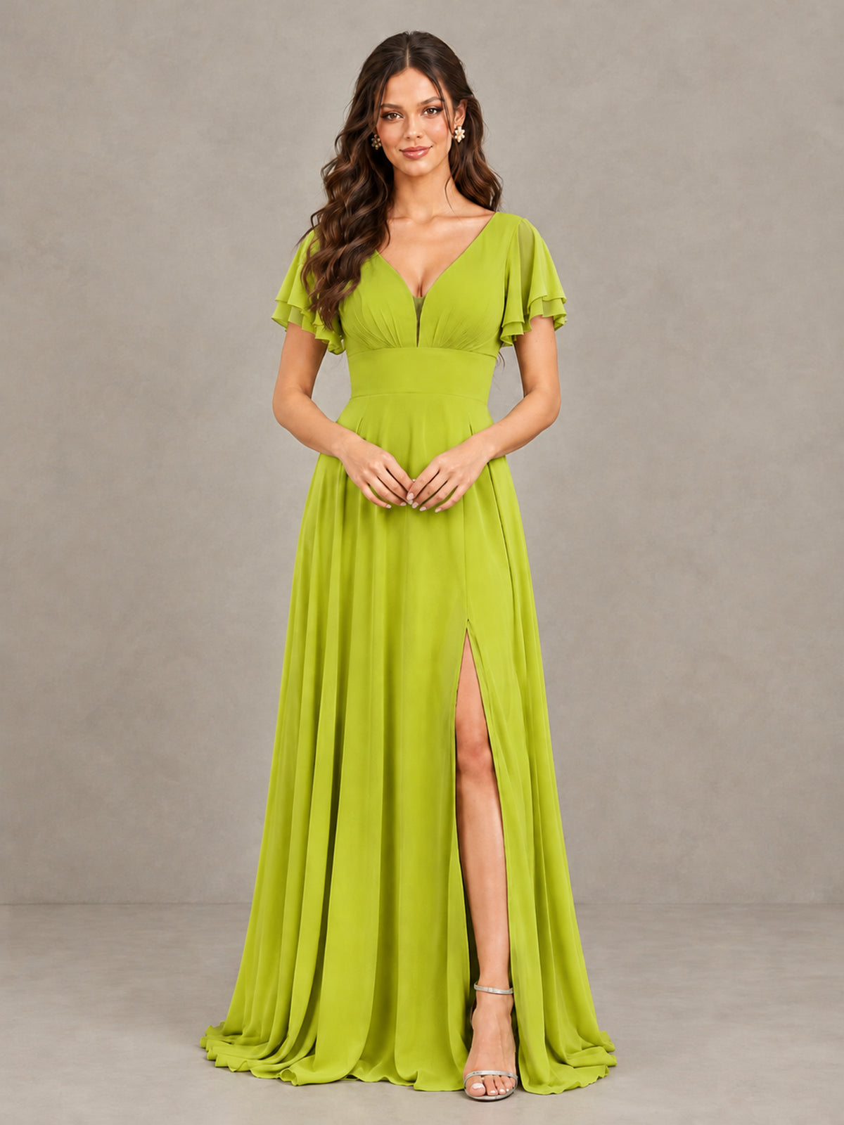 BOLODOO Chartreuse Flutter Sleeve Chiffon A-Line Maxi Bridesmaid Dress with Open Back & Slit - Chartreuse - Chartreuse (4)