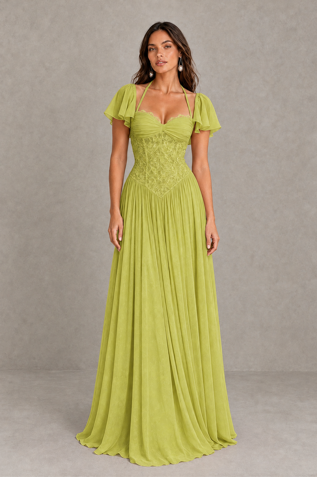 BOLODOO Chartreuse Flutter Sleeve Lace Corset A-Line Maxi Dress 