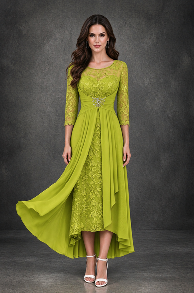 BOLODOO Chartreuse Sequin Lace & Chiffon Tea-Length Mother of the Bride Dress with 3/4 Sleeves 