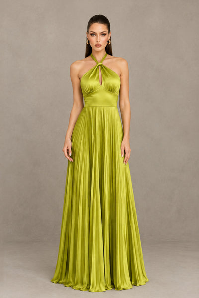 BOLODOO Chartreuse Halter Pleated A-Line Evening Dress 