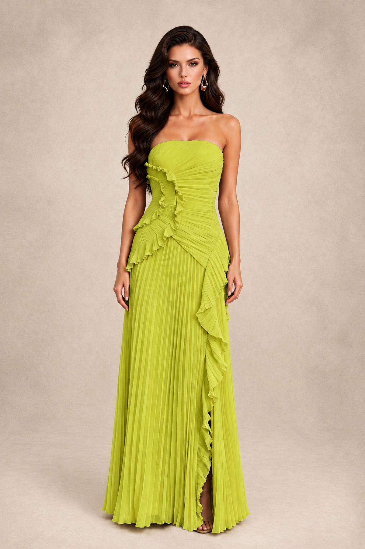 BOLODOO Chartreuse Strapless Ruffle Pleated Slit Evening Gown 