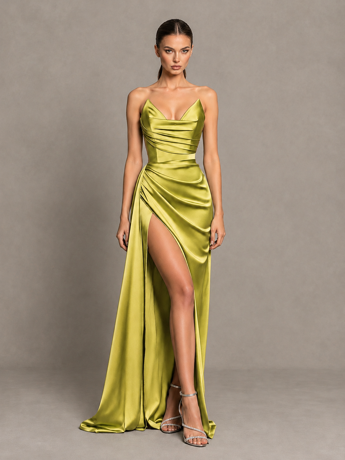 BOLODOO Chartreuse Strapless Satin High-Slit Lace-Up Prom Dress 
