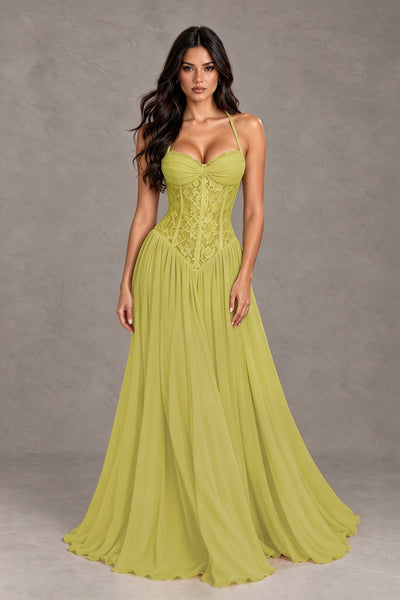 BOLODOO Chartreuse Lace Corset Halter Maxi Gown – Backless A-Line Formal Dress 
