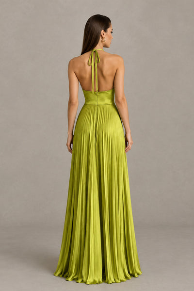 BOLODOO Chartreuse Halter Pleated A-Line Evening Dress 