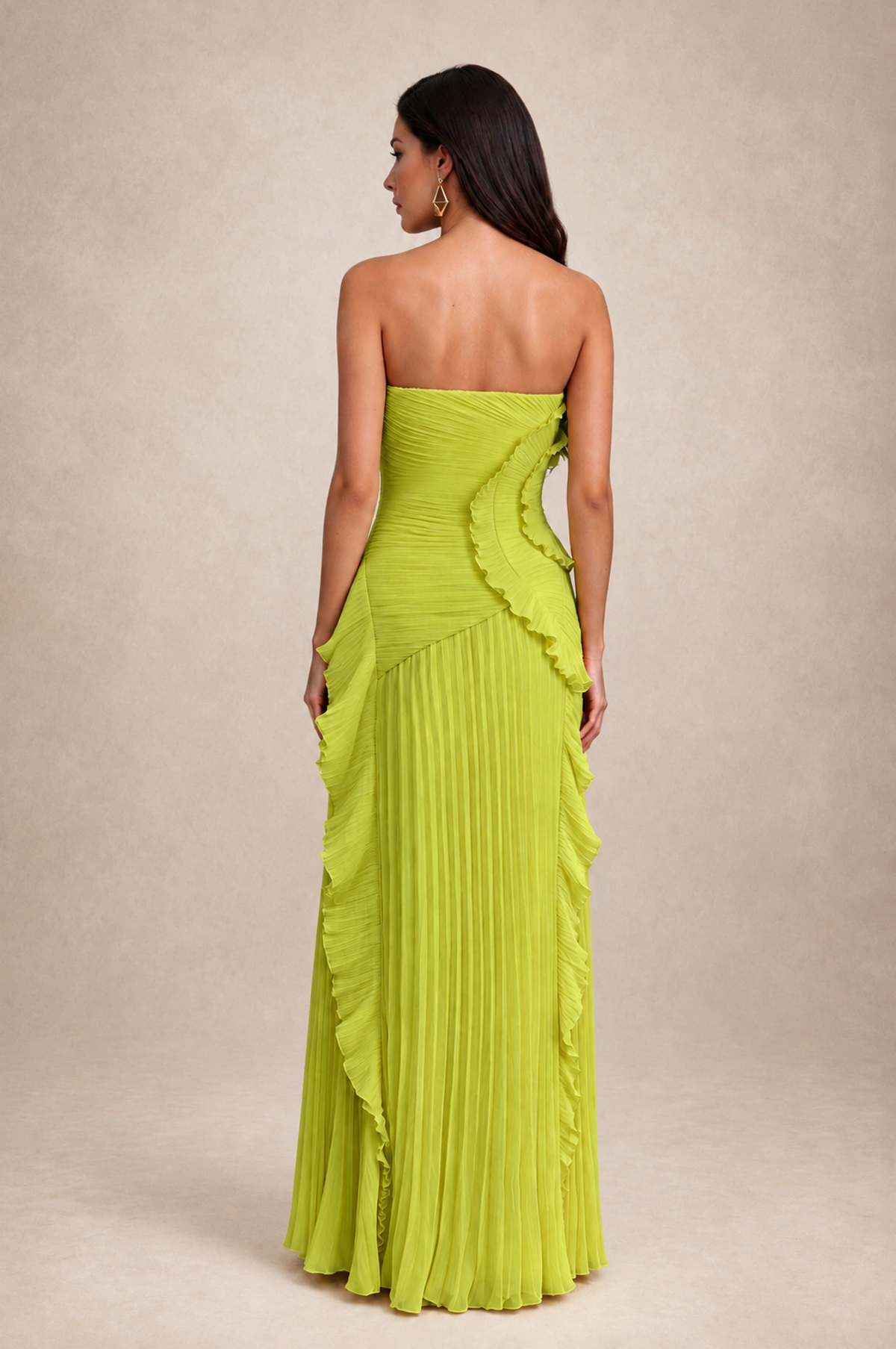 BOLODOO Chartreuse Strapless Ruffle Pleated Slit Evening Gown 