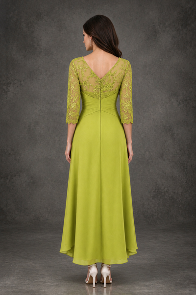 BOLODOO Chartreuse Sequin Lace & Chiffon Tea-Length Mother of the Bride Dress with 3/4 Sleeves 