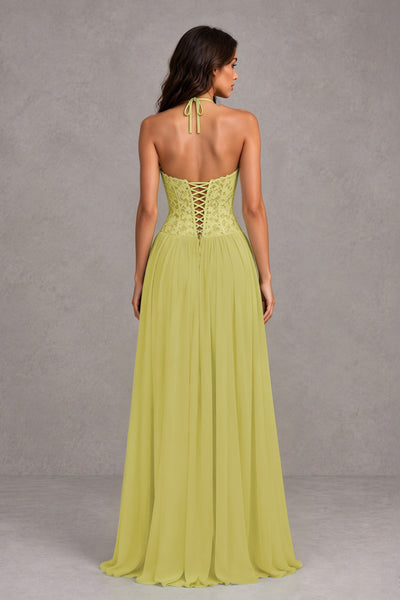 BOLODOO Chartreuse Lace Corset Halter Maxi Gown – Backless A-Line Formal Dress 