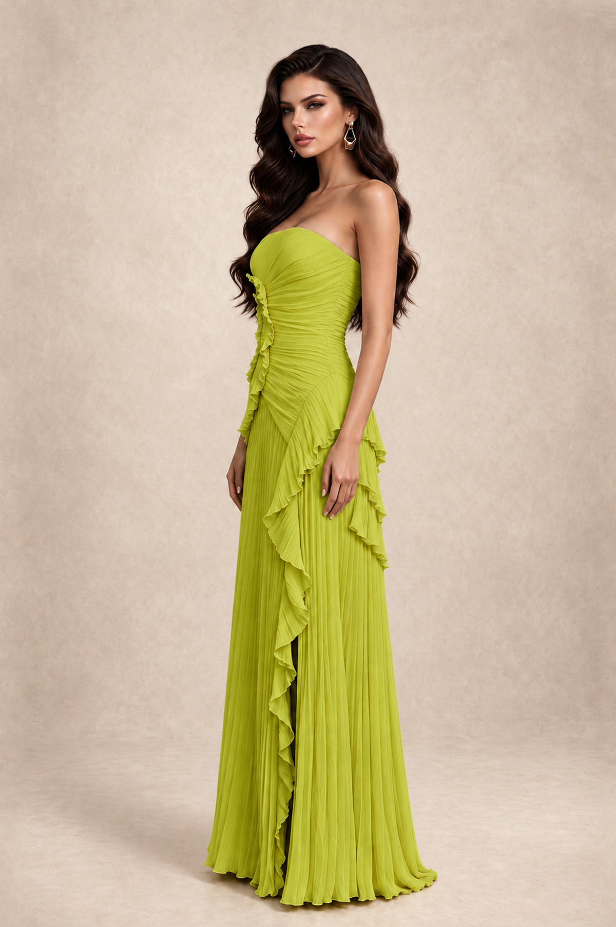 BOLODOO Chartreuse Strapless Ruffle Pleated Slit Evening Gown 