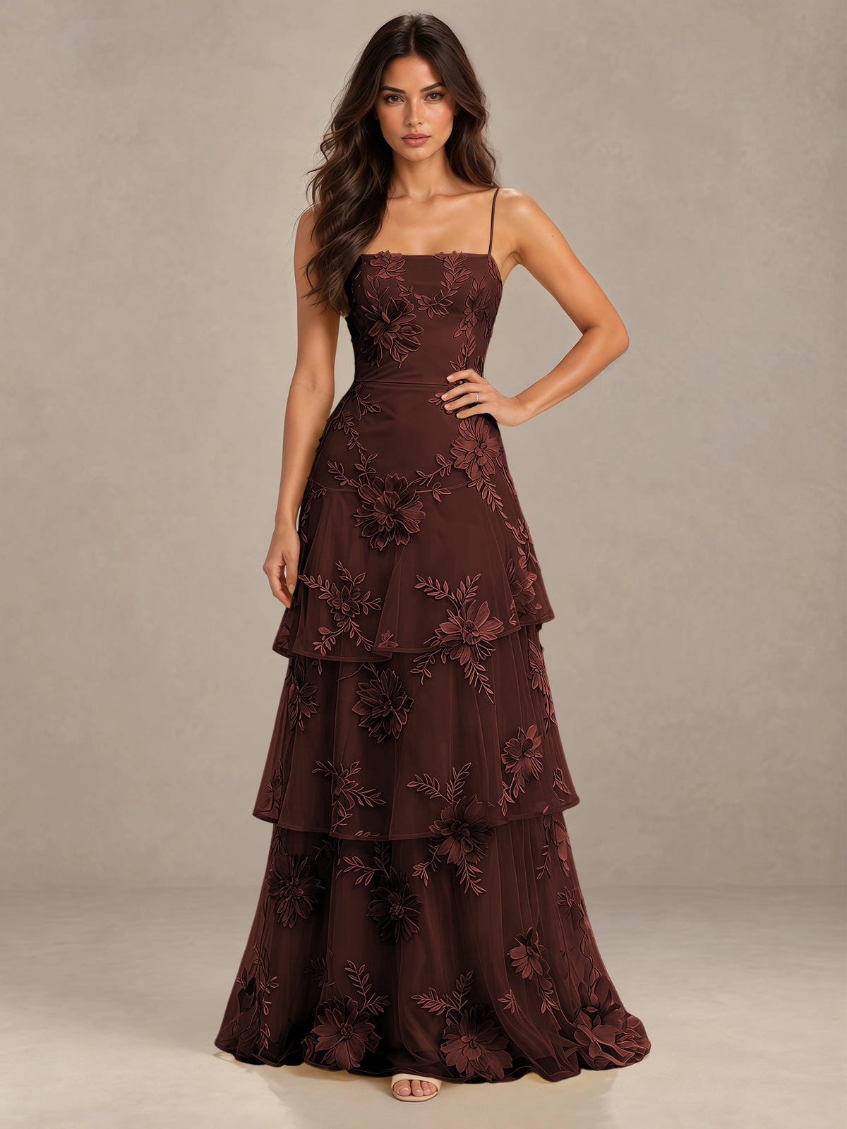 BOLODOO Chocolate Floral Applique Tiered Prom Dress with Lace-Up Back - Chocolate - Chocolate-1