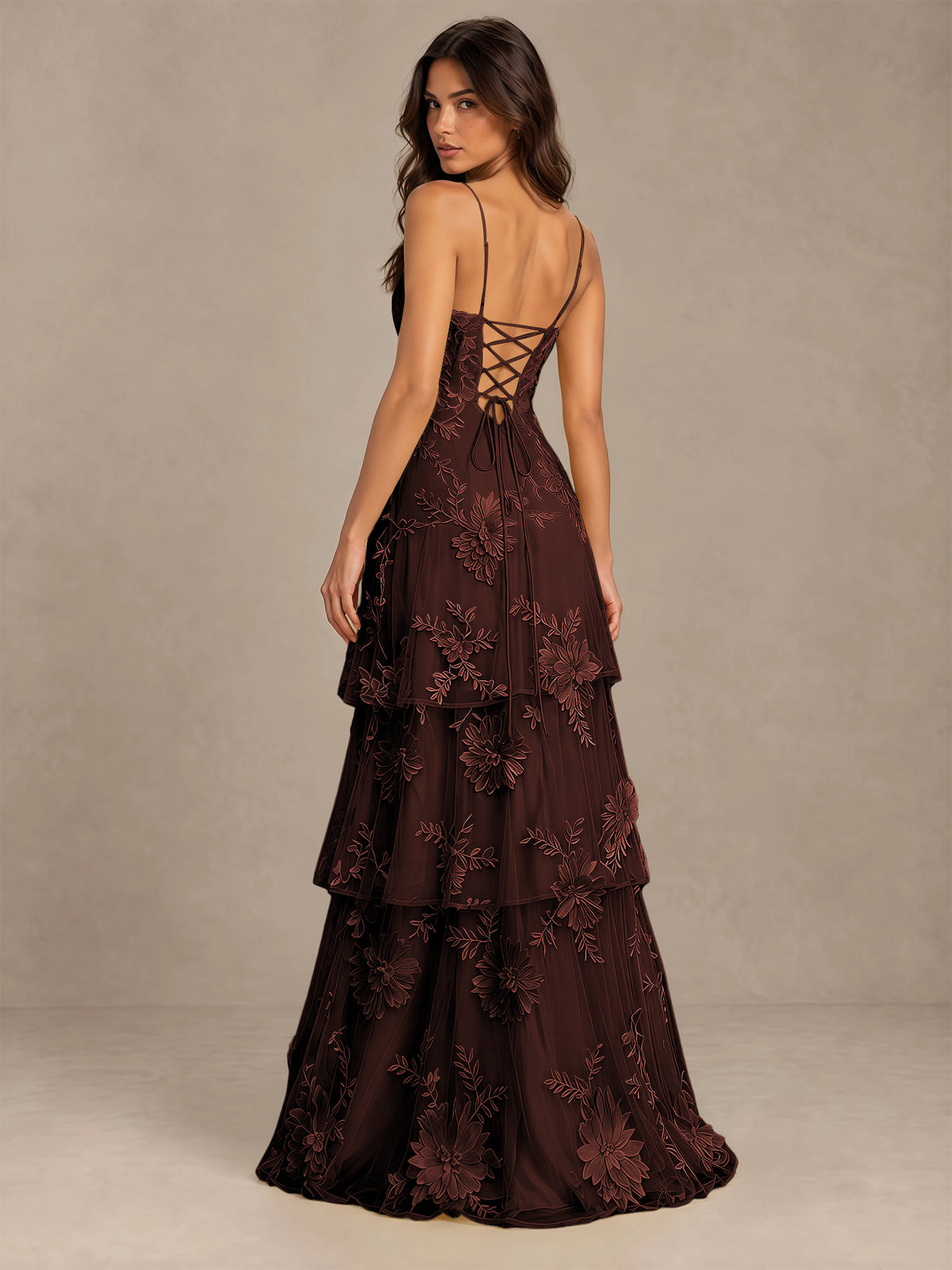 BOLODOO Chocolate Floral Applique Tiered Prom Dress with Lace-Up Back - Chocolate - Chocolate-2