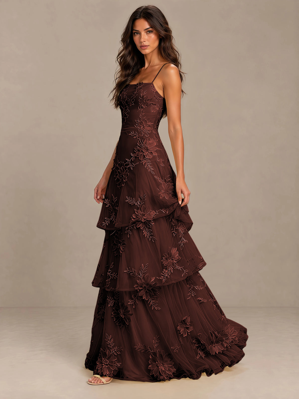 BOLODOO Chocolate Floral Applique Tiered Prom Dress with Lace-Up Back - Chocolate - Chocolate-3