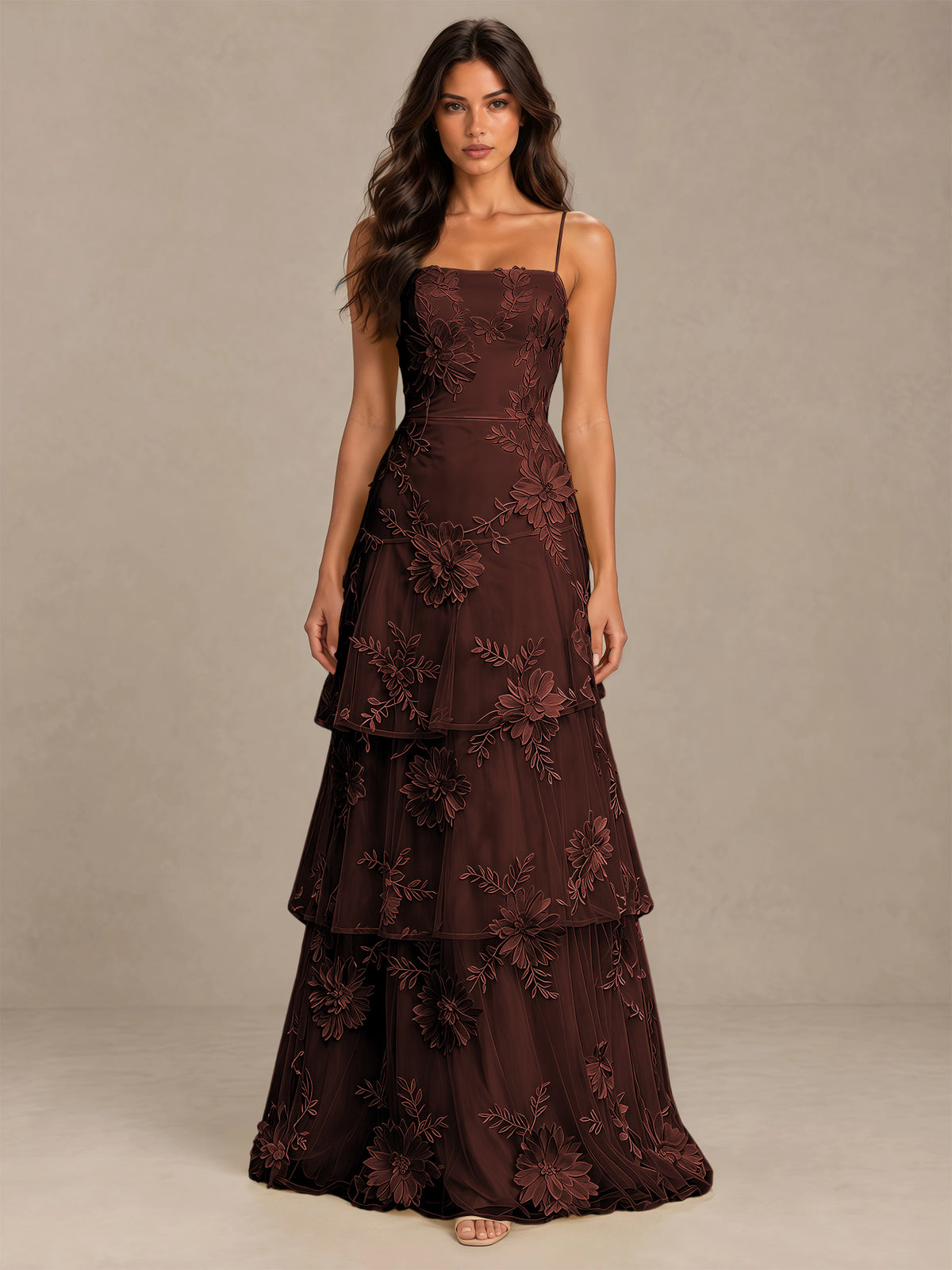 BOLODOO Chocolate Floral Applique Tiered Prom Dress with Lace-Up Back - Chocolate - Chocolate-4
