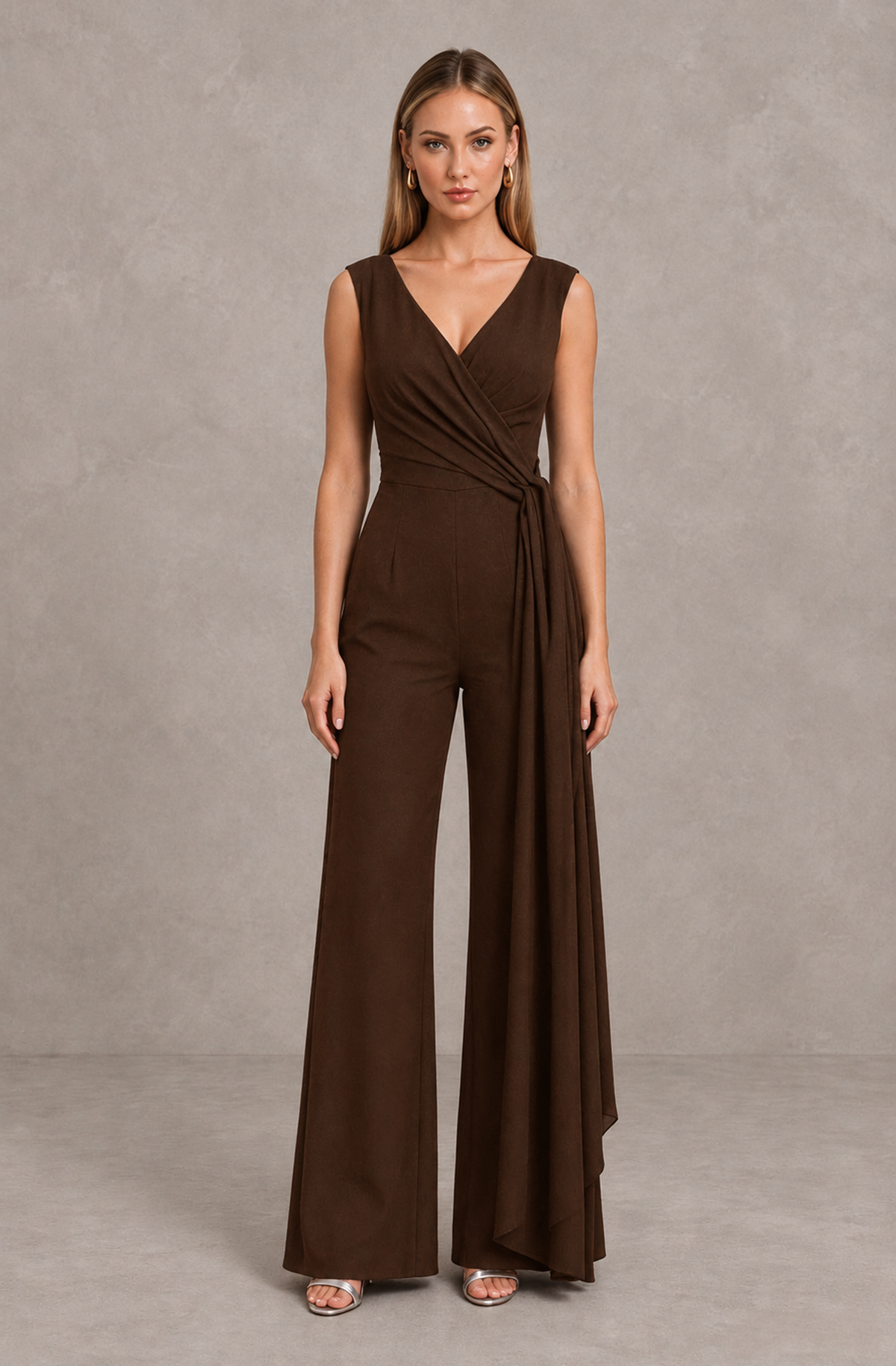 BOLODOO Chocolate Sleeveless V-Neck Wide-Leg Jumpsuit with Side Drape - Chocolate - Chocolate_01