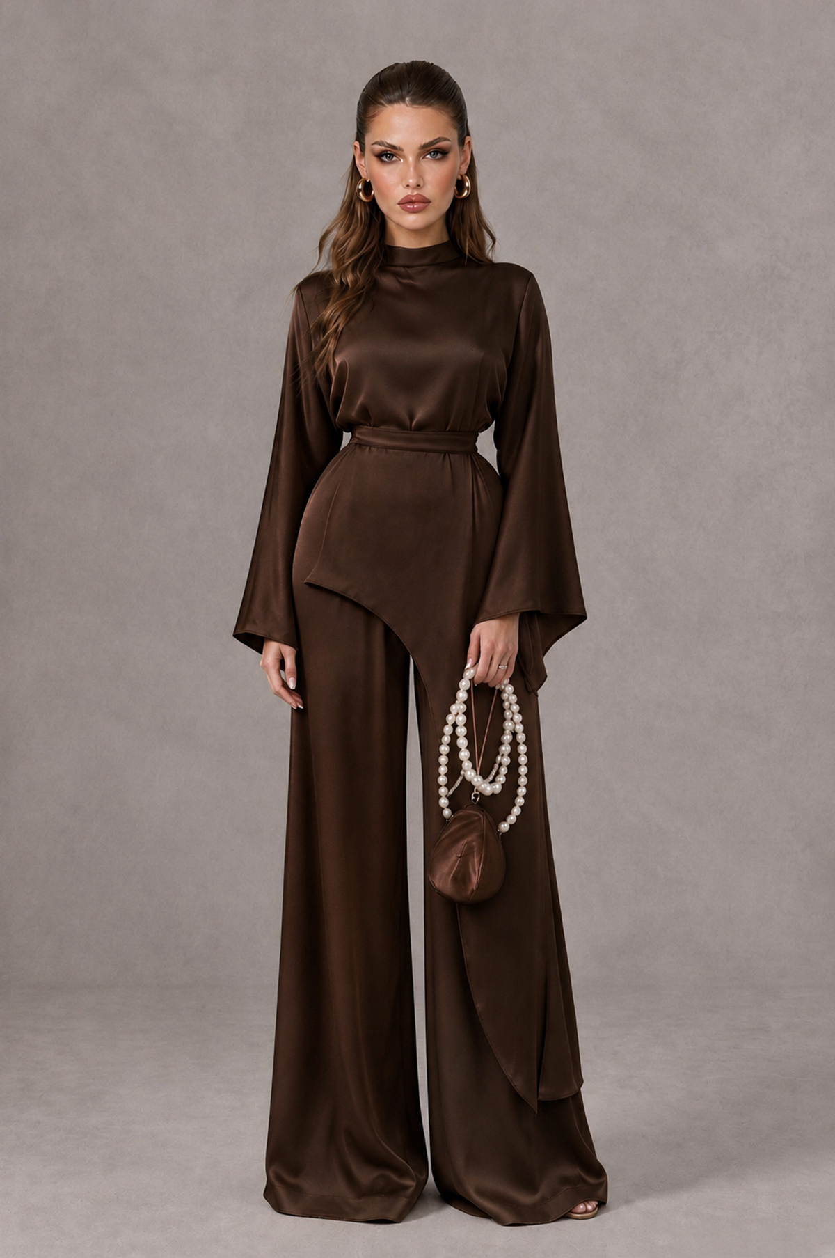 BOLODOO Chocolate Satin-Look Long Sleeve Wide-Leg Jumpsuit - Chocolate - Chocolate_01