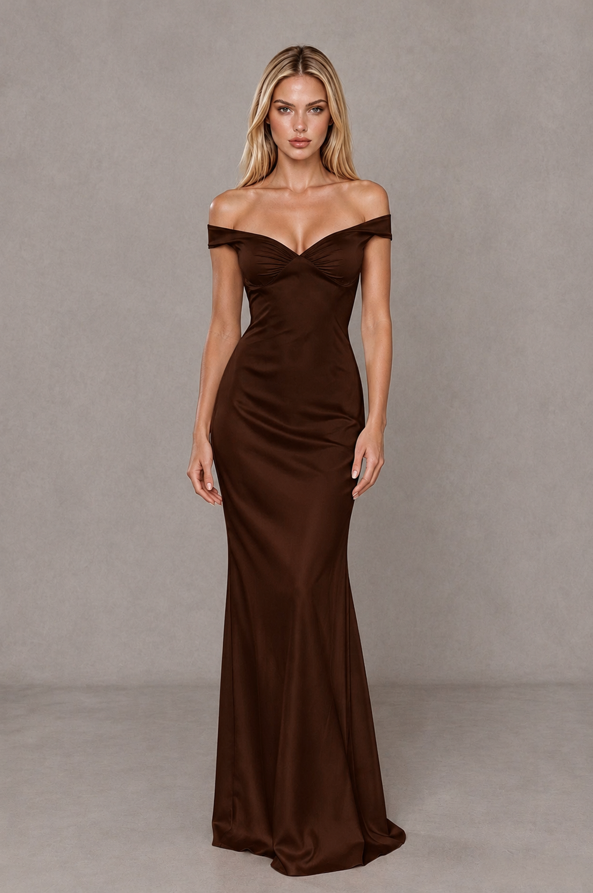 BOLODOO Chocolate Off-Shoulder Open-Back Satin Evening Gown - Chocolate - Chocolate_01