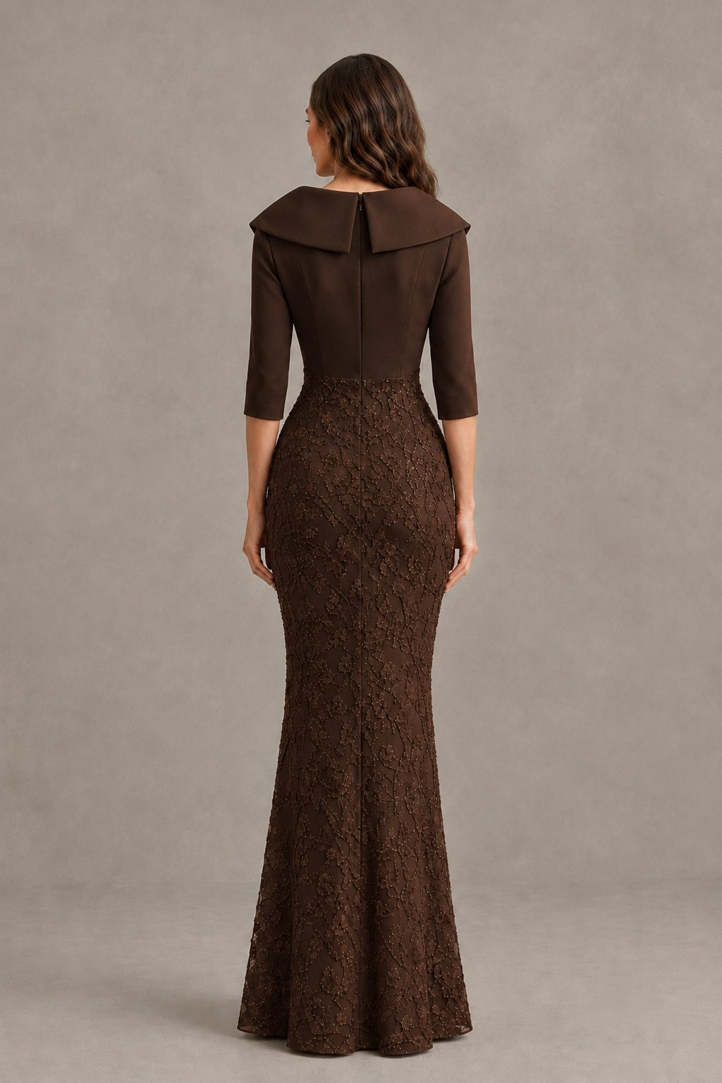 BOLODOO Chocolate Three-Quarter Sleeve Mermaid Evening Dress with Floral Detail - Chocolate - Chocolate_02
