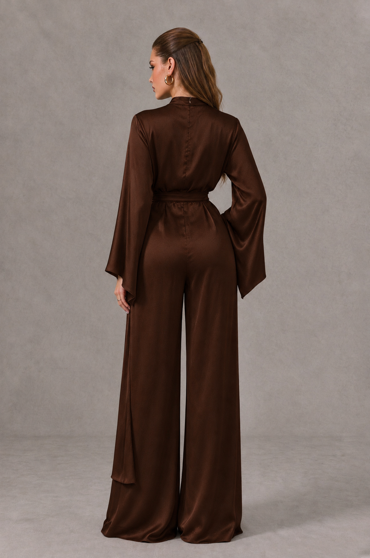 BOLODOO Chocolate Satin-Look Long Sleeve Wide-Leg Jumpsuit - Chocolate - Chocolate_02