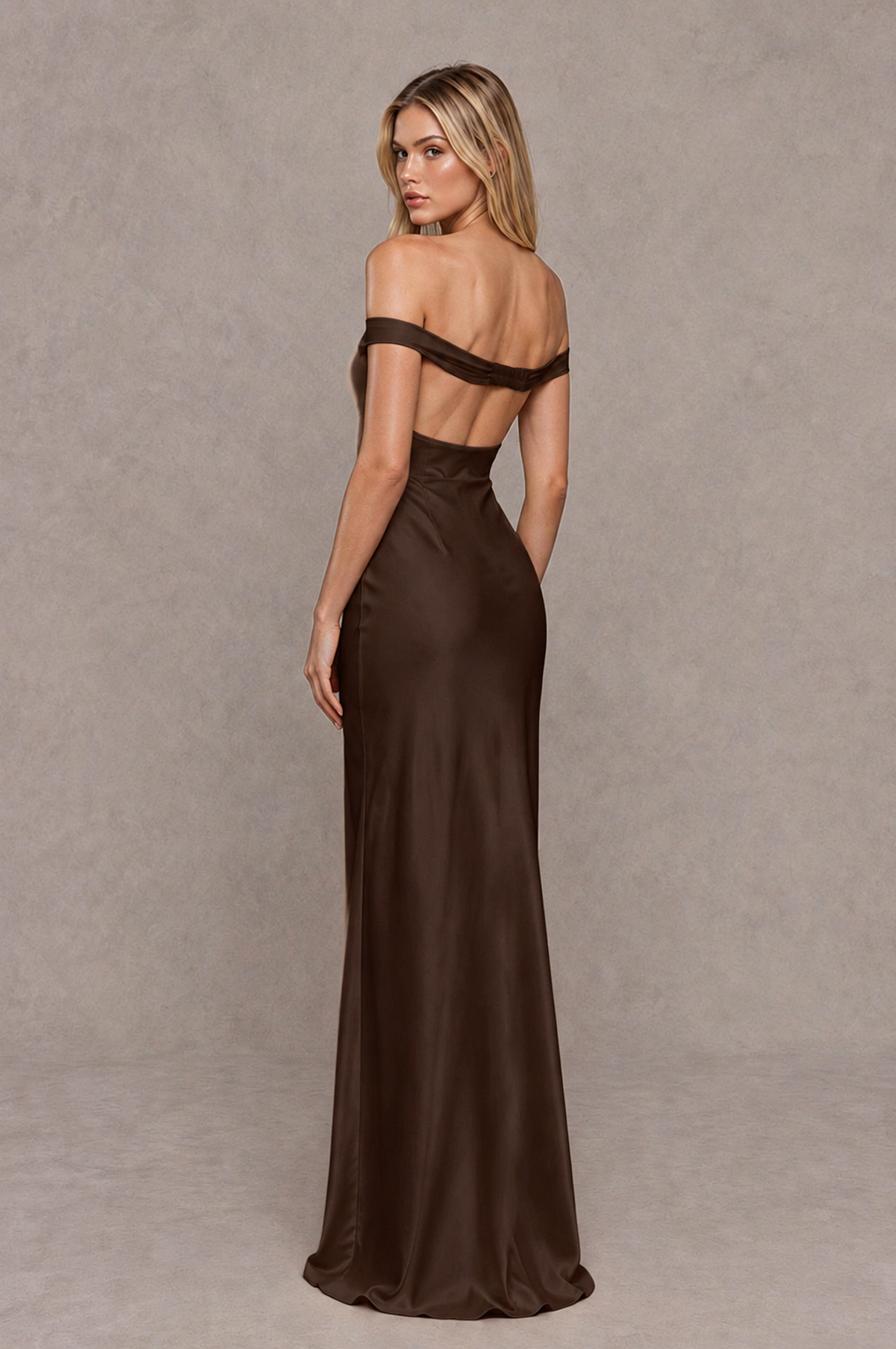 BOLODOO Chocolate Off-Shoulder Open-Back Satin Evening Gown - Chocolate - Chocolate_02