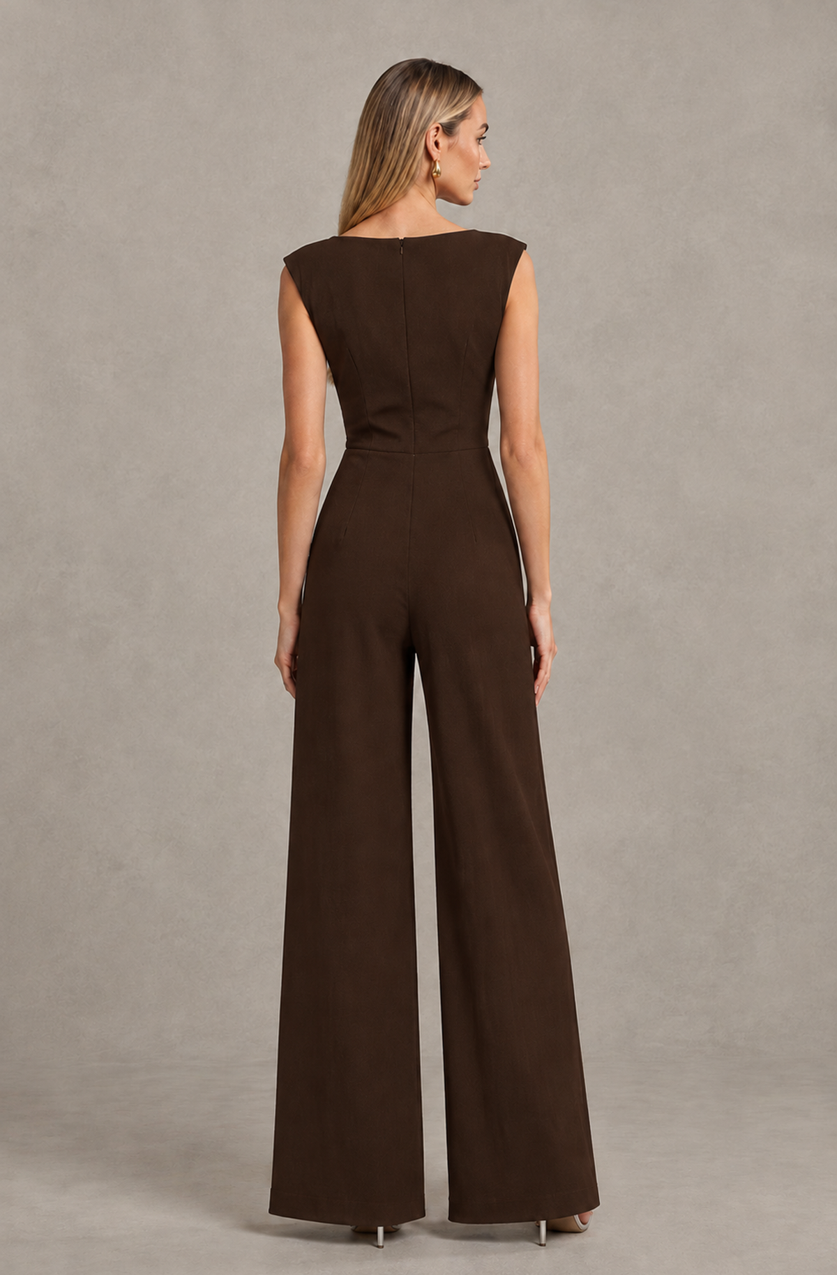 BOLODOO Chocolate Sleeveless V-Neck Wide-Leg Jumpsuit with Side Drape - Chocolate - Chocolate_02
