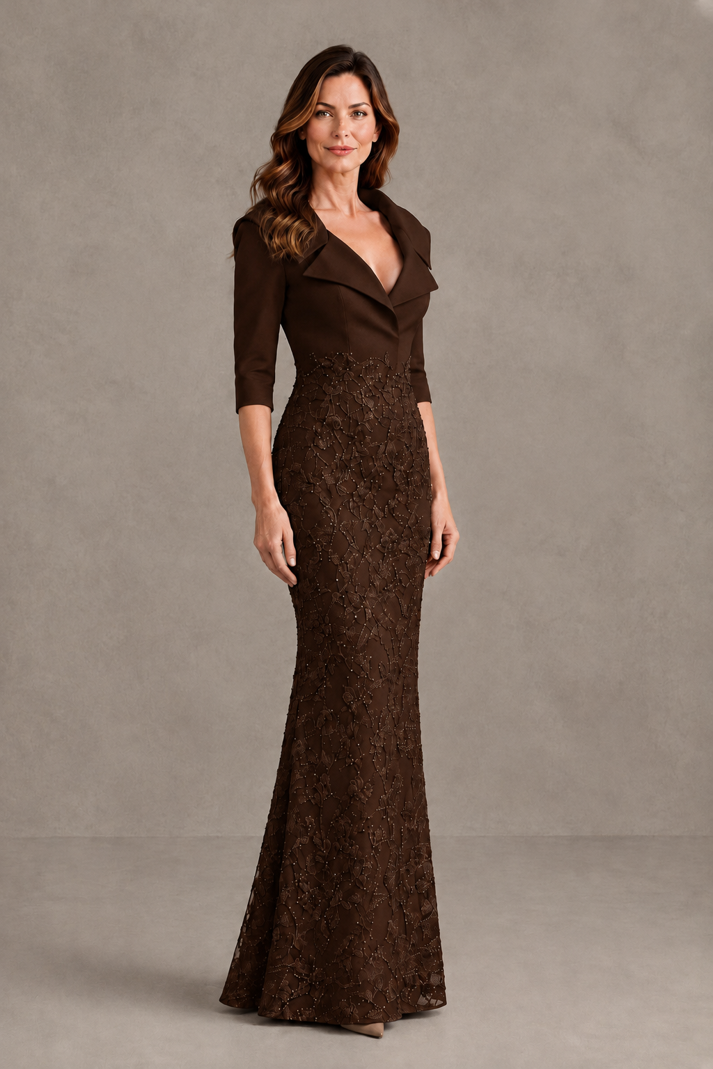 BOLODOO Chocolate Three-Quarter Sleeve Mermaid Evening Dress with Floral Detail - Chocolate - Chocolate_03