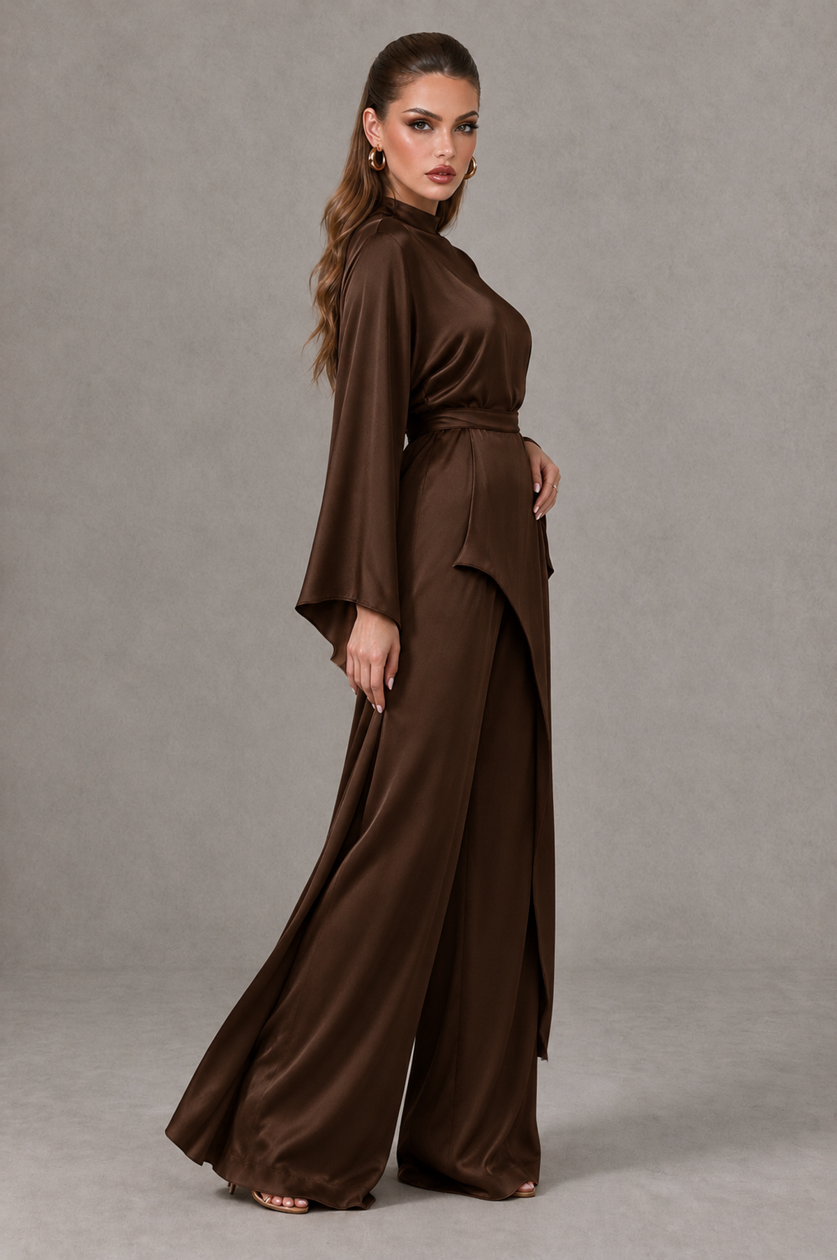 BOLODOO Chocolate Satin-Look Long Sleeve Wide-Leg Jumpsuit - Chocolate - Chocolate_03