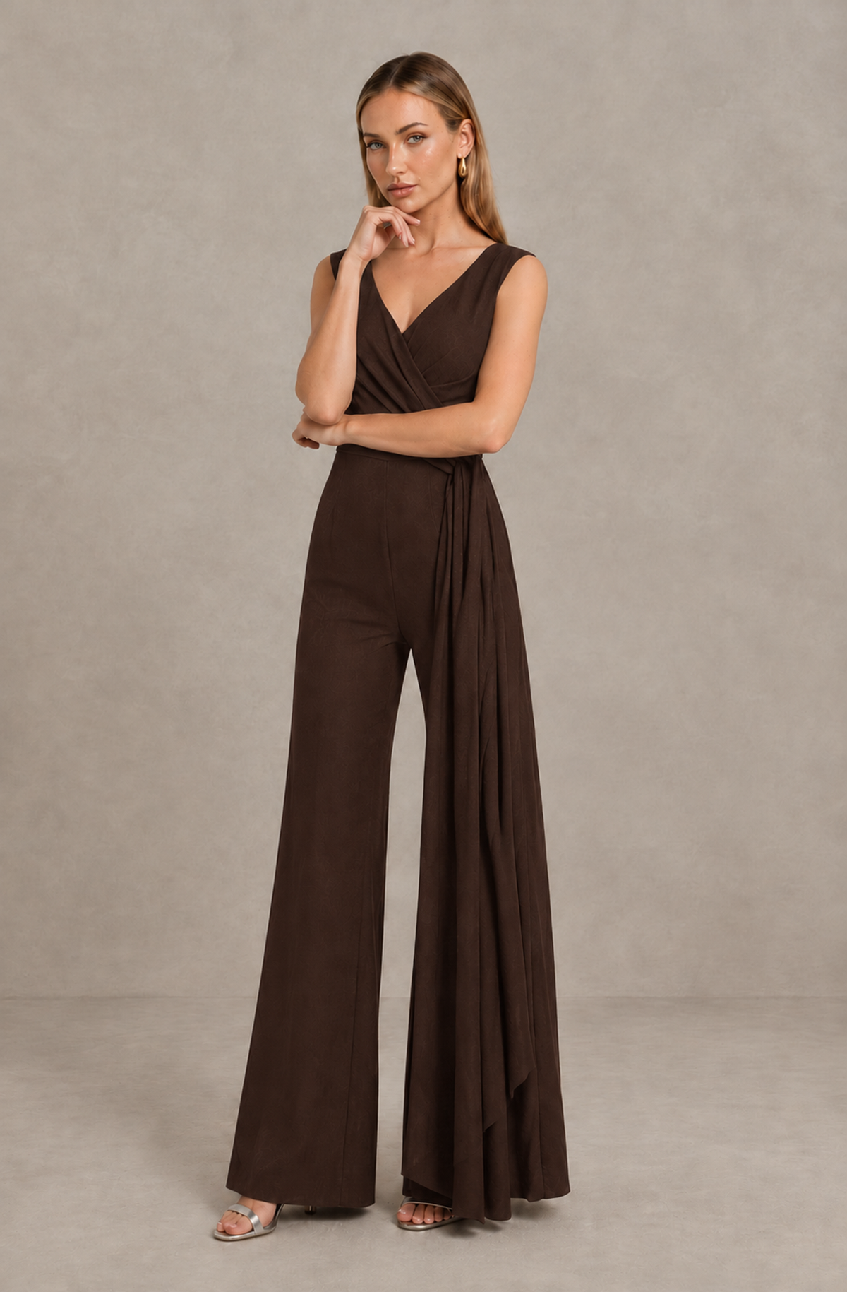 BOLODOO Chocolate Sleeveless V-Neck Wide-Leg Jumpsuit with Side Drape - Chocolate - Chocolate_03