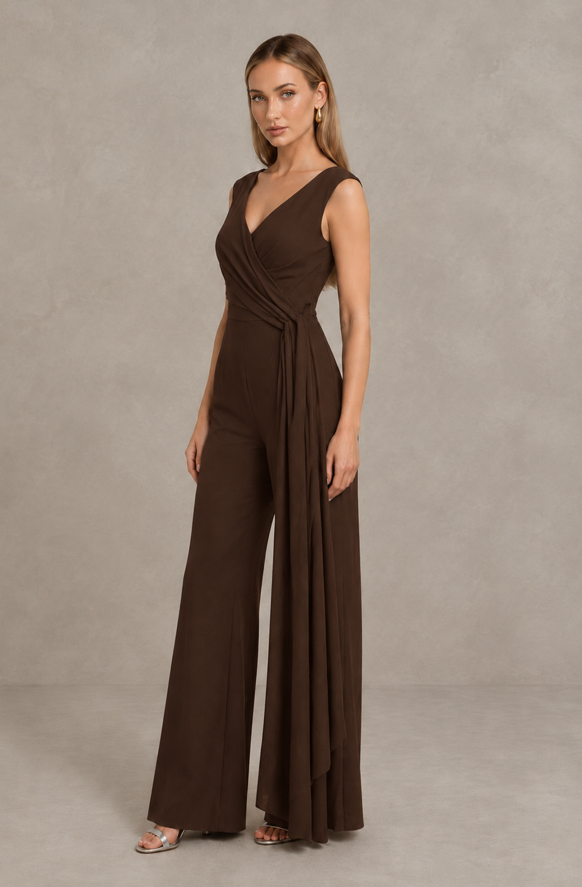 BOLODOO Chocolate Sleeveless V-Neck Wide-Leg Jumpsuit with Side Drape - Chocolate - Chocolate_04