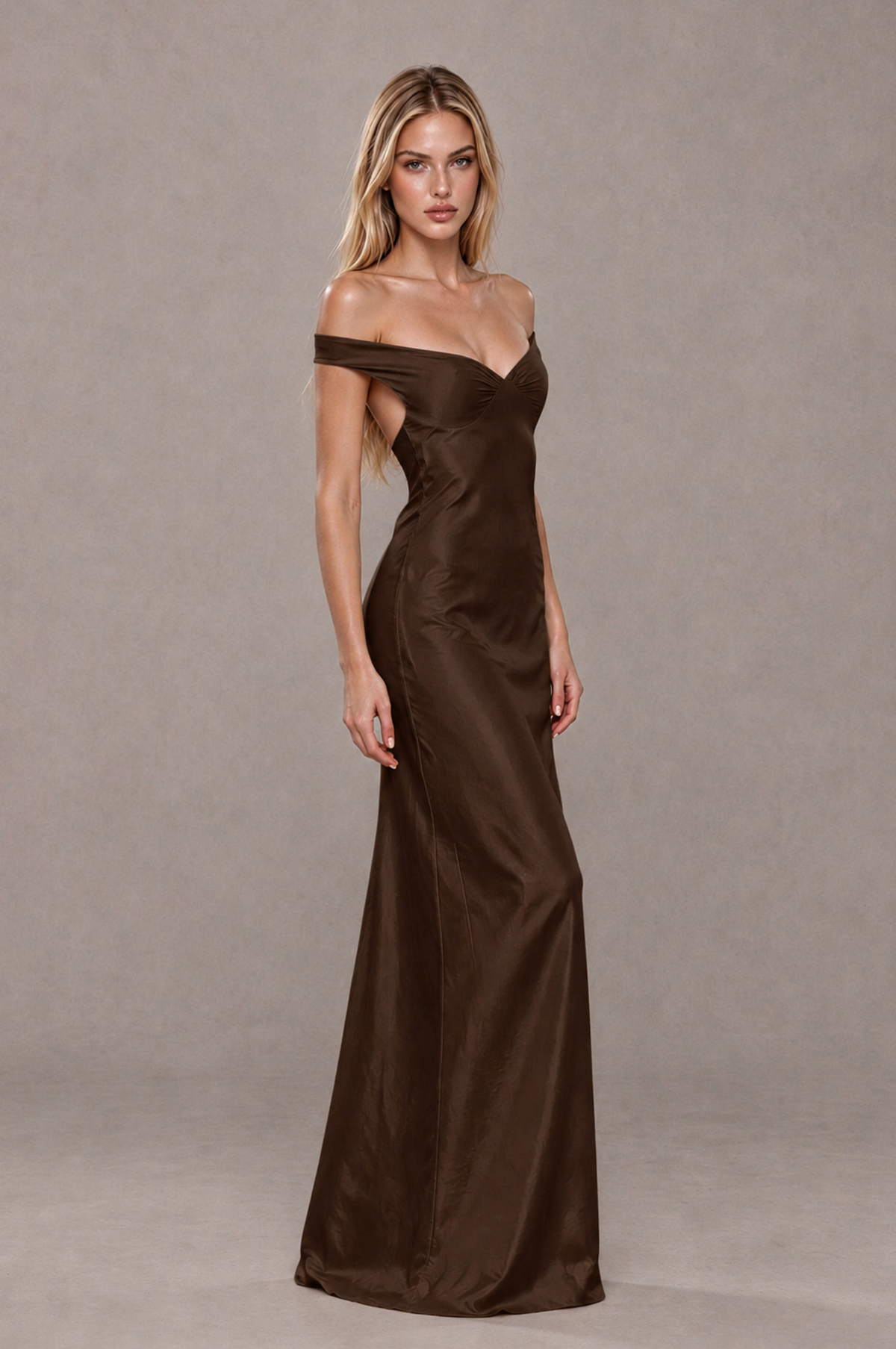 BOLODOO Chocolate Off-Shoulder Open-Back Satin Evening Gown - Chocolate - Chocolate_04