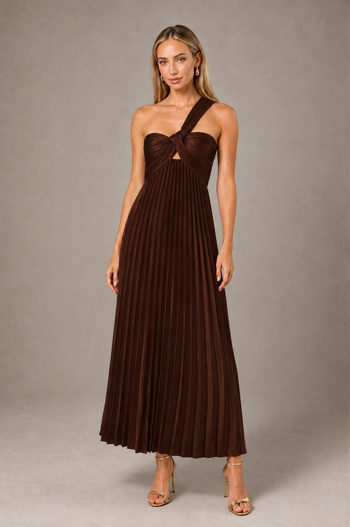 BOLODOO Chocolate One-Shoulder Twist Knot Pleated Satin Midi Dress with Cutout - Chocolate - Chocolate_1