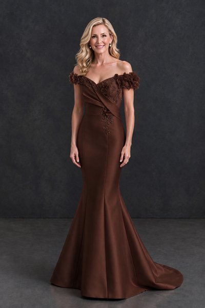 BOLODOO Chocolate Off-Shoulder Floral Mermaid Mother of the Bride Dress - Chocolate - Chocolate_1