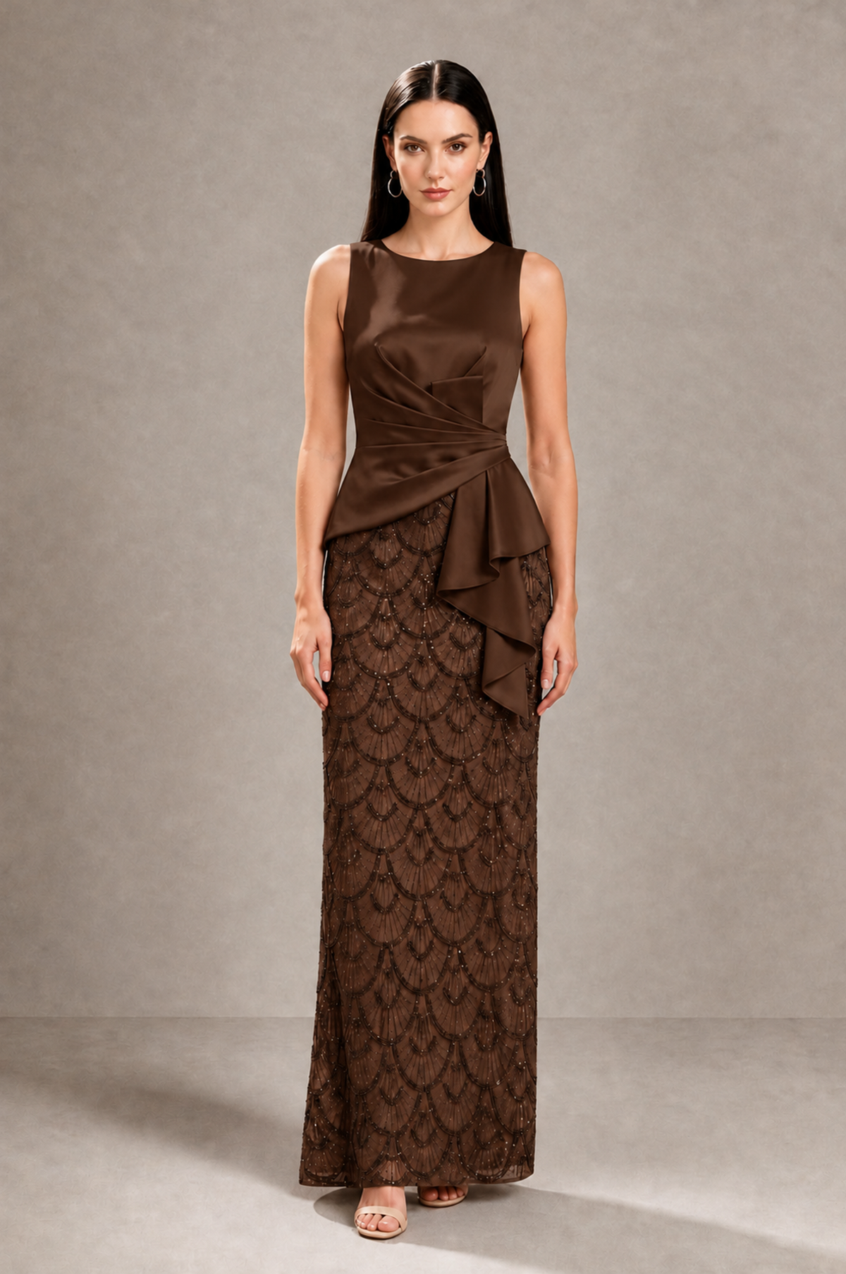 BOLODOO Chocolate Sleeveless Satin & Lace Peplum Evening Dress - Chocolate - Chocolate_1