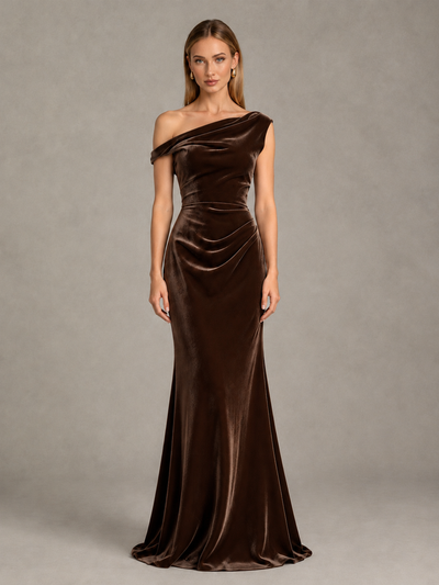 BOLODOO Chocolate One-Shoulder Velvet Mermaid Evening Gown - Chocolate - Chocolate_1