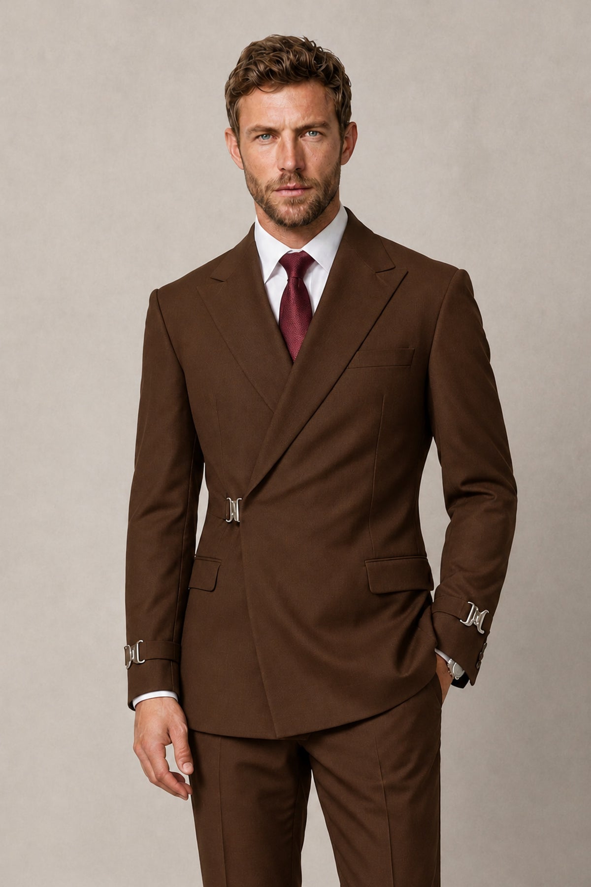 BOLODOO Men's Chocolate Double-Breasted 2-Piece Suit Set – Blazer & Tailored Trousers - Chocolate