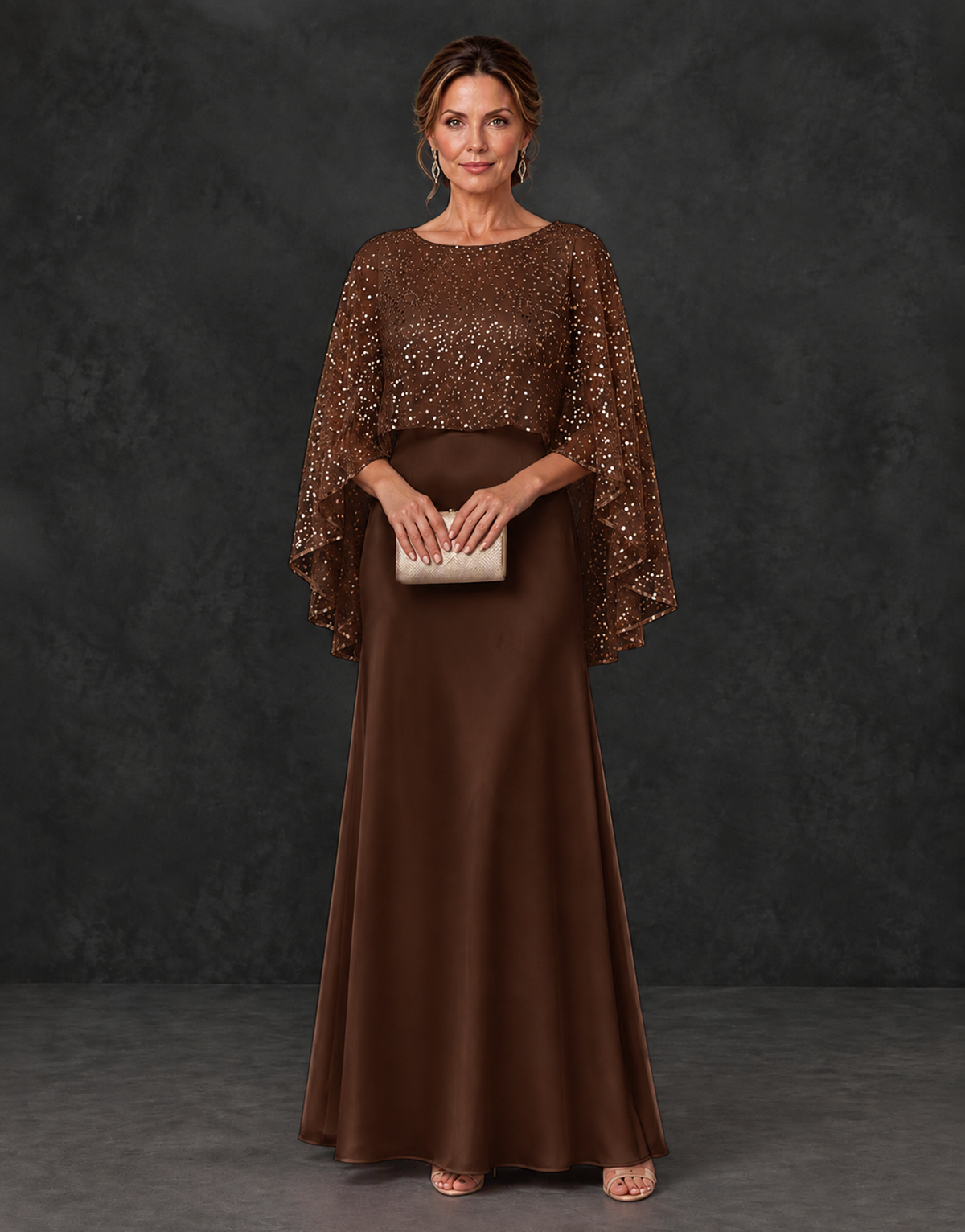 BOLODOO Chocolate Sparkle Cape Sleeve Mother of the Bride Dress - Chocolate - Chocolate_1