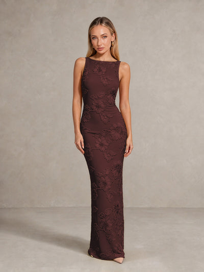 BOLODOO Chocolate Floral Sleeveless Maxi Wedding Guest Dress - Chocolate - Chocolate(1)