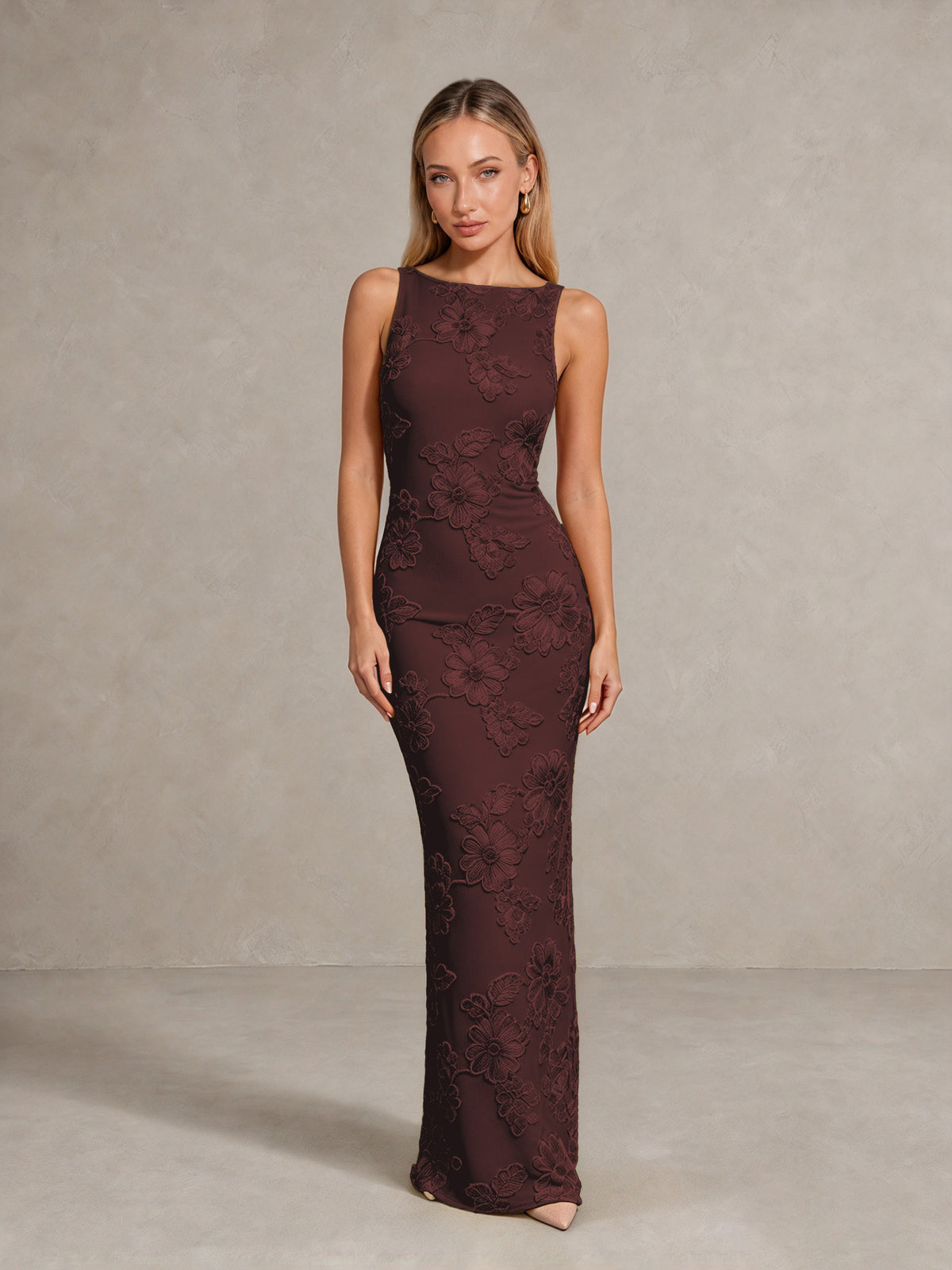 BOLODOO Chocolate Floral Sleeveless Maxi Wedding Guest Dress - Chocolate - Chocolate(1)