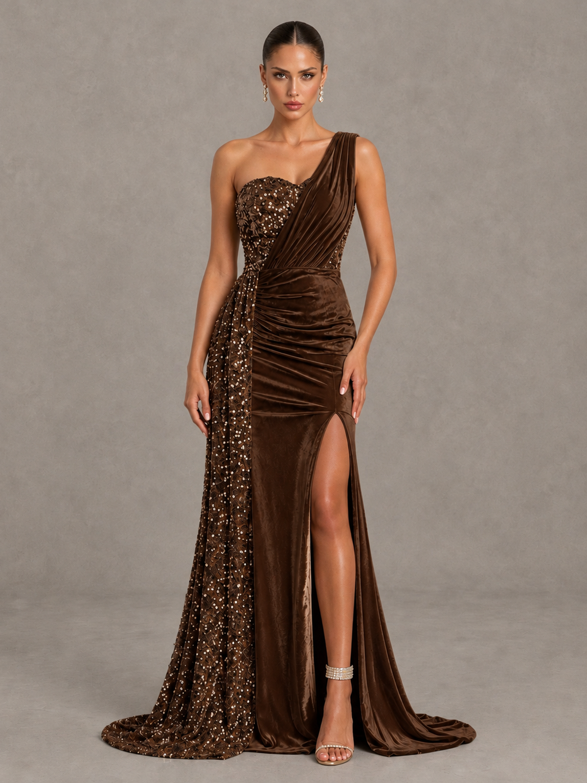 BOLODOO Chocolate One-Shoulder Satin Sequin Gown with High Slit - Chocolate - Chocolate_1