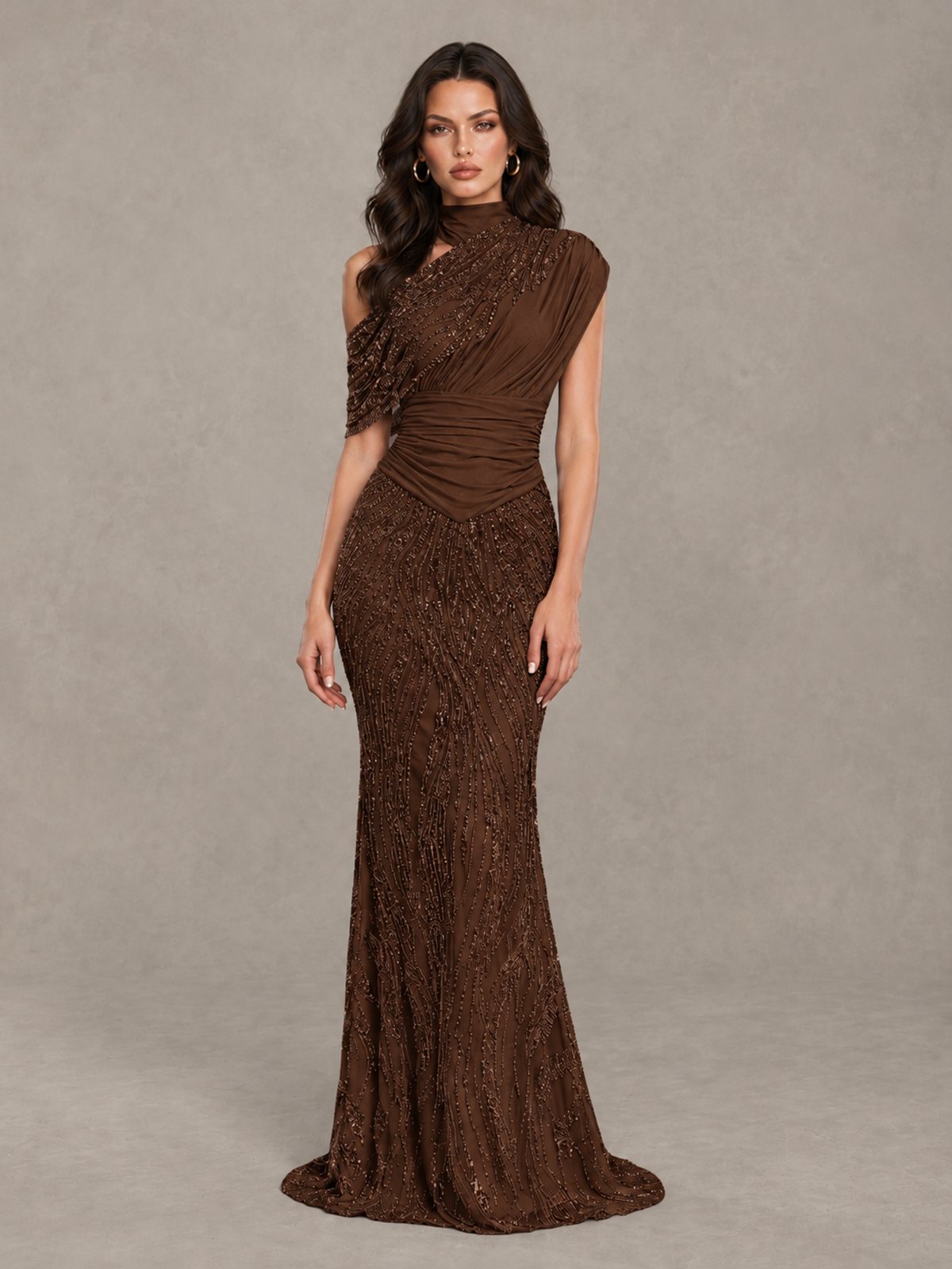 BOLODOO Chocolate High Neck Draped Sequin Mermaid Evening Gown - Chocolate - Chocolate_1