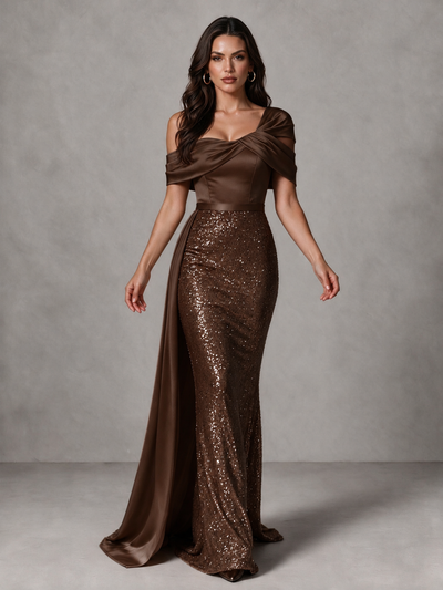 BOLODOO Chocolate Sequin Mermaid Evening Dress with Off-Shoulder Satin Drape and Sweep Train - Chocolate - Chocolate_1