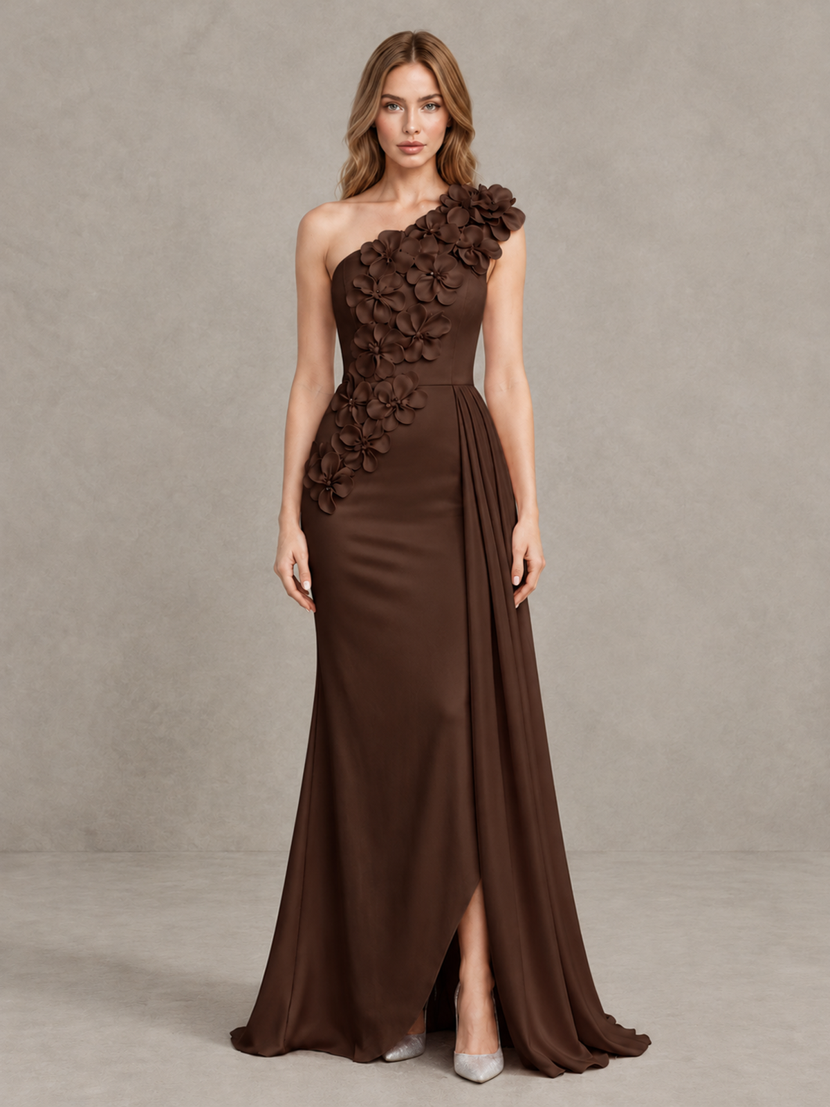BOLODOO Chocolate One-Shoulder Satin Mermaid Evening Gown with 3D Floral Appliqué - Chocolate - Chocolate_1