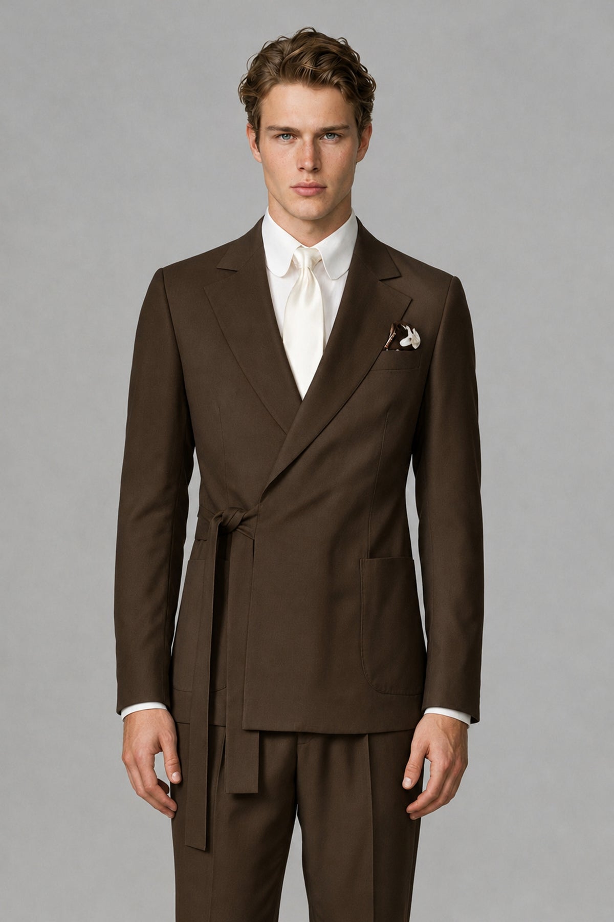 Bolodoo Men's Chocolate Wrap Tie-Waist Two-Piece Suit – Jacket & Trousers - Chocolate - Chocolate_1