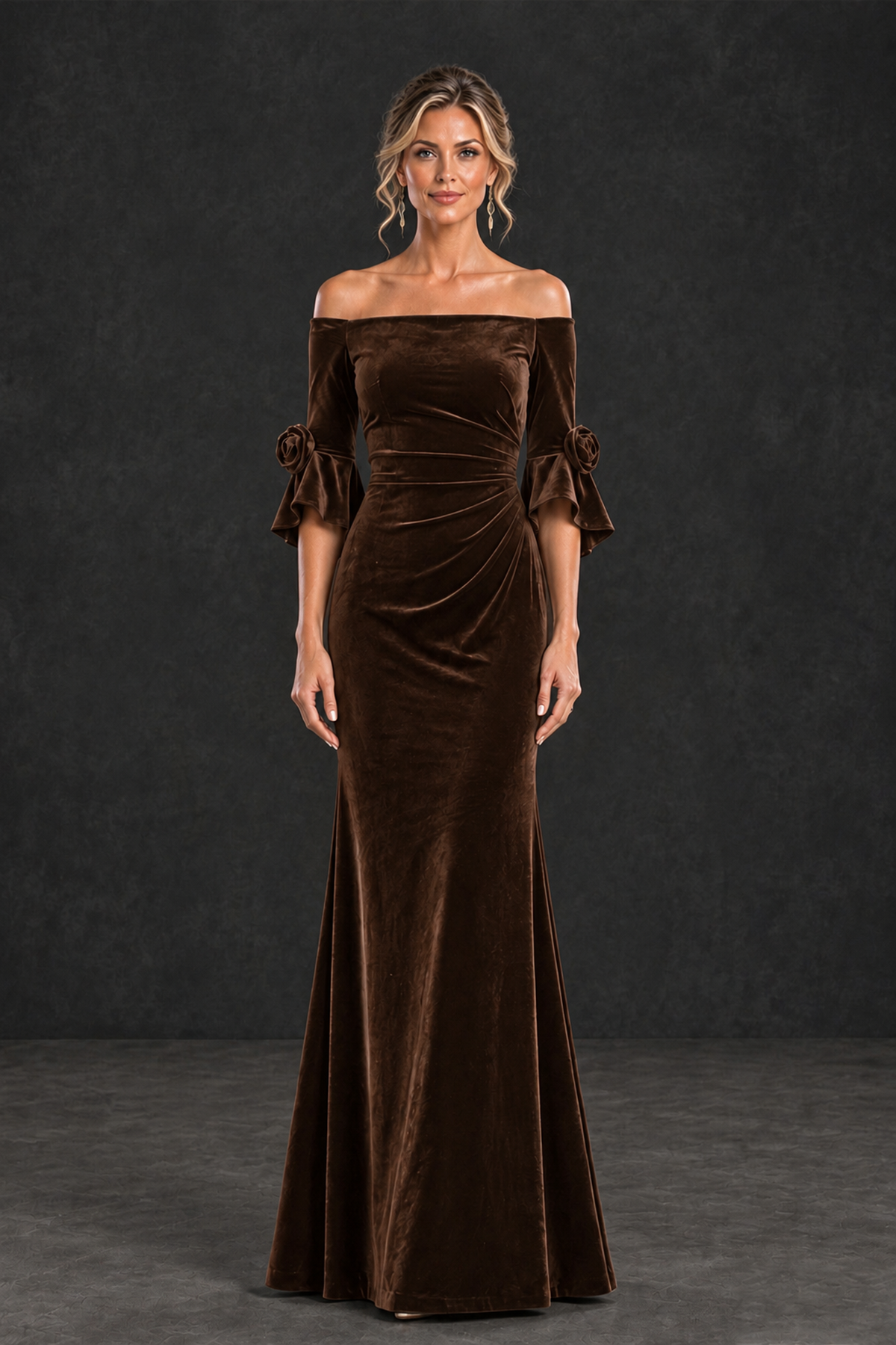 BOLODOO Chocolate Velvet Off-Shoulder Mother of the Bride Dress – 3/4 Floral Cuff Sleeve Mermaid Evening Gown - Chocolate - Chocolate_1