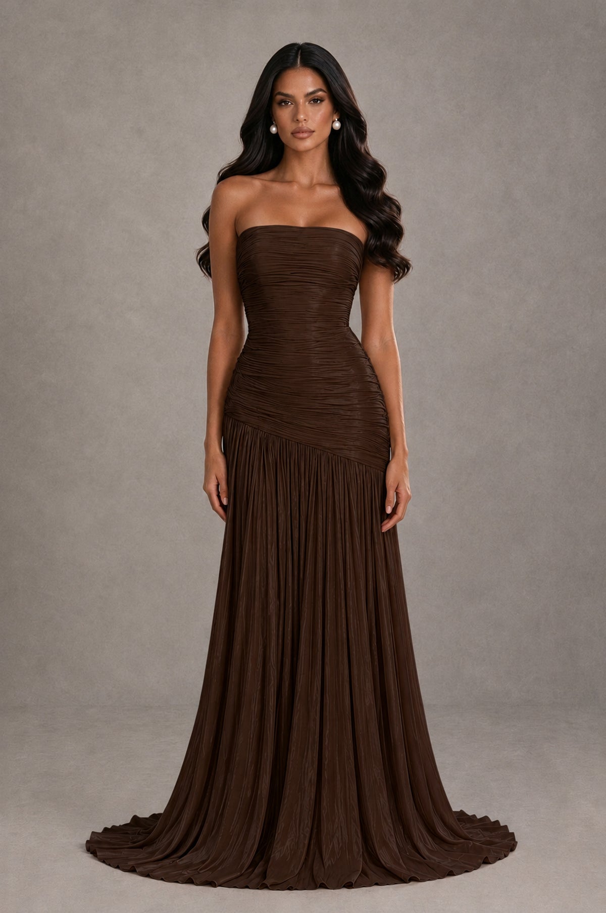 BOLODOO Chocolate Metallic Ruched Strapless Pleated A-Line Backless Maxi Dress with Train - Chocolate - Chocolate_1