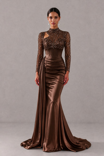 BOLODOO Chocolate Long Sleeve Embellished Satin Mermaid Evening Gown - Chocolate - Chocolate_1